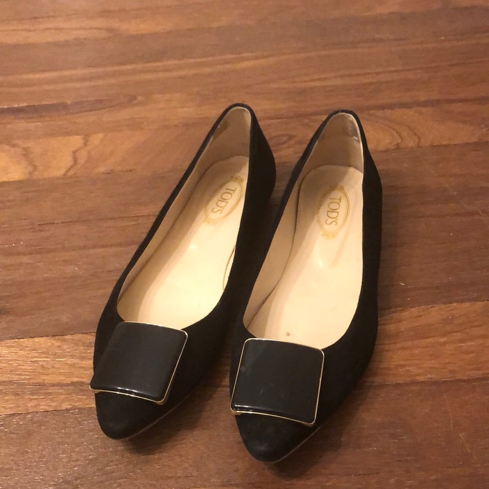 Tod's Black Suede Ballet Flats Square Buckle Designer Shoes Size 36.5